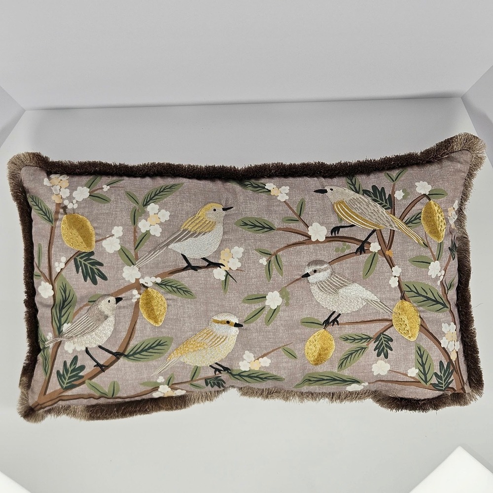 Lillian August Embroidered Bird and Blossom Throw Pillow Taupe Fringe 22x13